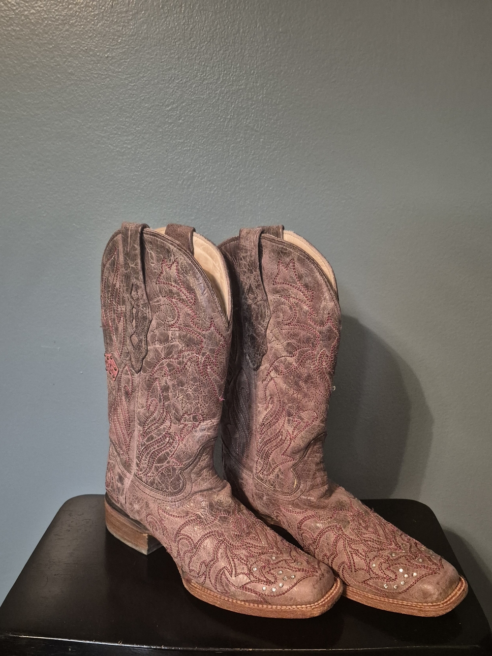 Embroidered Western Heeled Boots - Dusty Brown With Rose Colored Cross